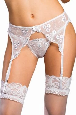 Shirley Of Hollywood White Embroidered Sequin Garter Belt