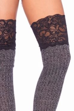 Leg Avenue Hosiery Heather Grey Ribbed Knit Thigh High Socks With Lace