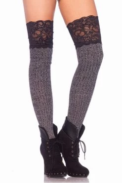 Leg Avenue Hosiery Heather Grey Ribbed Knit Thigh High Socks With Lace