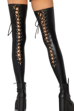 Leg Avenue Wet Look Lace-Up Thigh Highs
