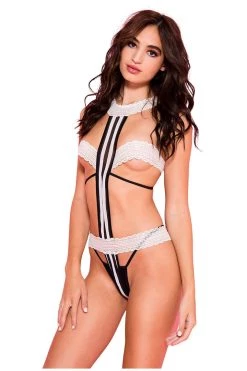 Music Legs White And Black Striped Teddy With Lace Waist And Cups Lingerie