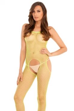 Rene Rofe Neon Green Net Suspender Crotchless Body Stocking