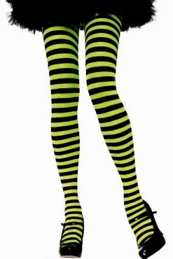 Leg Avenue Black & Lime Green Striped Pantyhose Hosiery