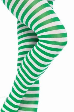 Leg Avenue White & Kelly Green Striped Pantyhose Hosiery