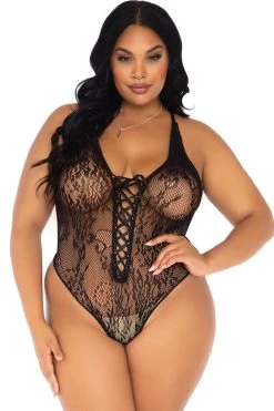 Leg Avenue Black Floral Lace Thong Teddy With Lace Up Front And Cross Back Straps