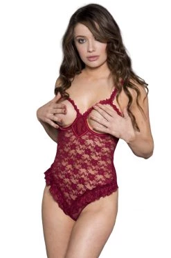 Music Legs Burgundy Cupless & Assless Ruffle Teddy Lingerie