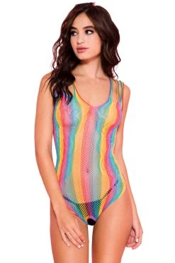 Music Legs Crotchless Rainbow Striped Teddy Bodystocking Lingerie