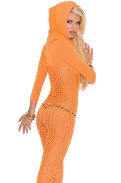 Elegant Moments Neon Orange Crochet Bodystocking With Hood