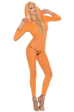 Elegant Moments Neon Orange Crochet Bodystocking With Hood