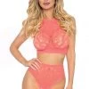 Leg Avenue Coral Pink Crochet Crop Top & Panty