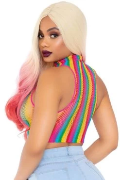 Leg Avenue Rainbow Fishnet High Neck Crop Top