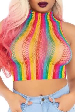 Leg Avenue Rainbow Fishnet High Neck Crop Top 8 Leg Avenue Rainbow Fishnet High Neck Crop Top