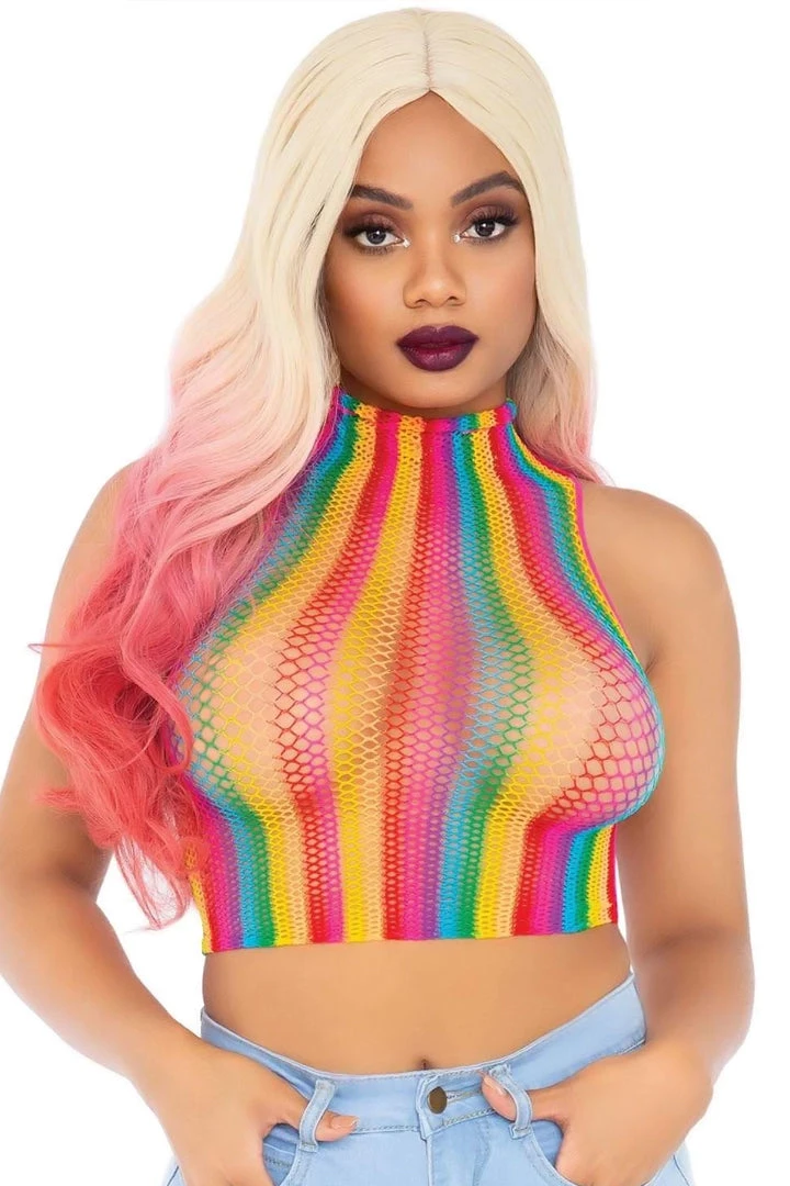 Leg Avenue Rainbow Fishnet High Neck Crop Top 3 Leg Avenue Rainbow Fishnet High Neck Crop Top