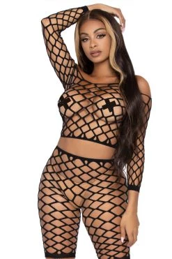 Leg Avenue Two Piece Black Net Crop Top And Bike Shorts Set Bodystocking Lingerie