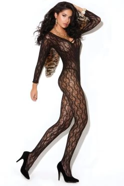 Elegant Moments Bodystocking Lingerie Long Sleeve Lace Body Stocking With Open Crotch