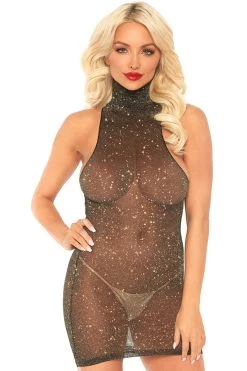 Leg Avenue Lurex Black & Gold High Neck Mini Dress Bodystocking Lingerie