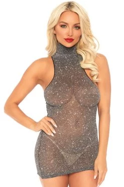 Leg Avenue Lurex Black & Silver High Neck Mini Dress Bodystocking Lingerie