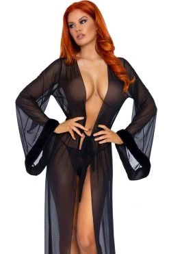 Leg Avenue 3 PC Faux Fur Trimmed Long Sheer Robe - Black