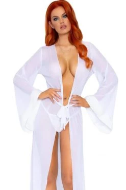 Leg Avenue 3 PC Faux Fur Trimmed Long Sheer Robe - White Lingerie