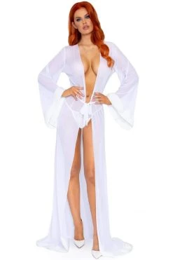 Leg Avenue 3 PC Faux Fur Trimmed Long Sheer Robe - White Lingerie