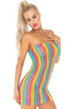 Leg Avenue Rainbow Fishnet Tube Top Mini Dress Bodystocking Lingerie