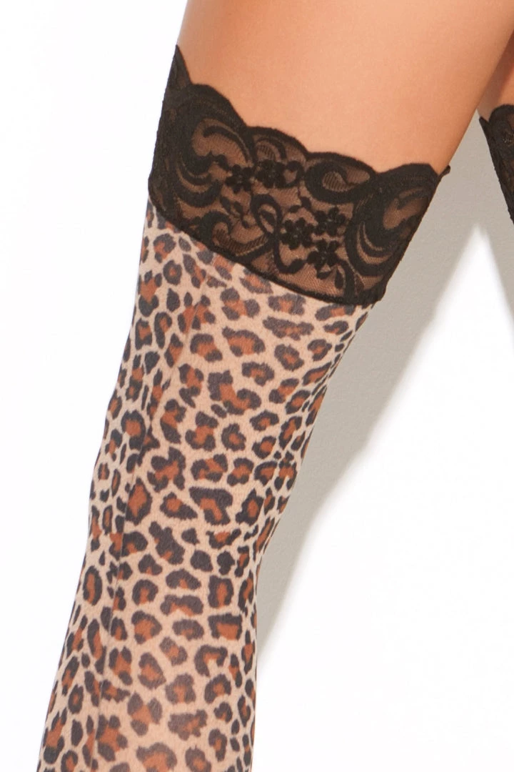 Elegant Moments Hosiery Leopard Print Stockings W/ Black Lace 6 Elegant Moments Hosiery Leopard Print Stockings W/ Black Lace