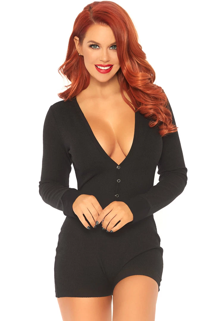 Leg Avenue Lingerie Black Brushed Rib Romper Long Johns 3 Leg Avenue Lingerie Black Brushed Rib Romper Long Johns
