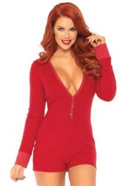 Leg Avenue Burgundy Brushed Rib Romper Long Johns Lingerie