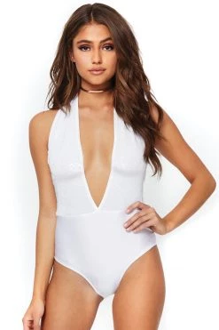 Leg Avenue White Sequin Halter Bodysuit Sexy Bodysuits & Rompers