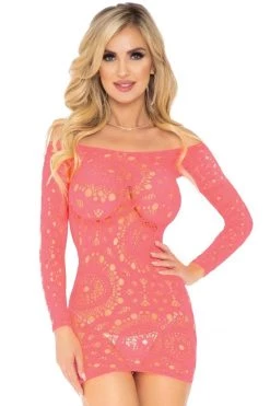 Leg Avenue Bodystocking Lingerie Coral Crochet Mini Dress