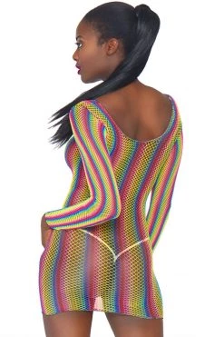 Leg Avenue Bodystocking Lingerie Rainbow Fishnet Long Sleeve Mini Dress
