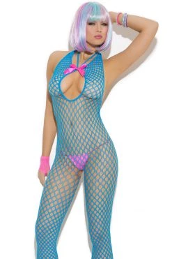 Elegant Moments Bodystocking Lingerie Neon Blue Pinup Crotchless Bodystocking