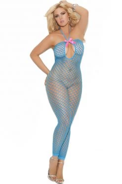 Elegant Moments Bodystocking Lingerie Neon Blue Pinup Crotchless Bodystocking
