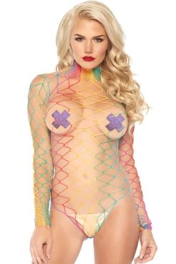 Leg Avenue Rainbow High Neck Fence Net Bodysuit Bodystocking Lingerie