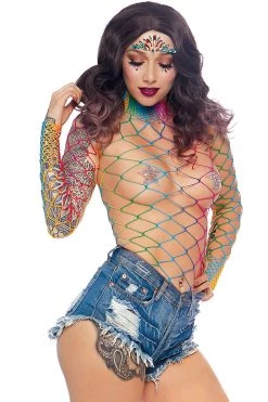Leg Avenue Rainbow High Neck Fence Net Bodysuit Bodystocking Lingerie