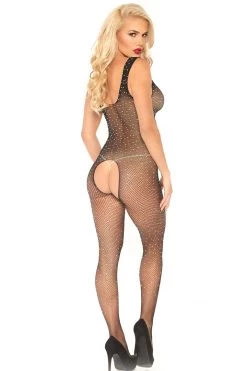 Leg Avenue Crystal Fishnet Crotchless Body Stocking Bodystocking Lingerie