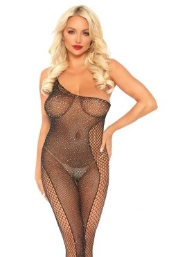 Leg Avenue Bodystocking Lingerie Crystal Fishnet Asymmetrical Crotchless Bodystocking