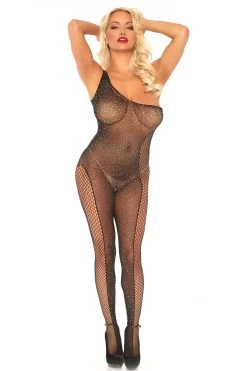 Leg Avenue Bodystocking Lingerie Crystal Fishnet Asymmetrical Crotchless Bodystocking