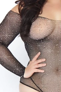 Leg Avenue Lingerie Black Rhinestone Long Sleeve Fishnet Bodysuit With Snap Crotch