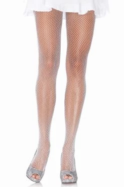 Leg Avenue White Fishnet Pantyhose With Silver Glitter