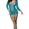 Shirley Of Hollywood Blue Floral Chemise Dress & Fishnet Stockings Bodystocking Lingerie
