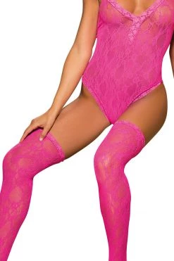 Shirley Of Hollywood Sheer Pink Lace Teddy With Thigh High Stockings