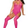 Shirley Of Hollywood Sheer Pink Lace Teddy With Thigh High Stockings