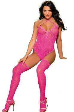 Shirley Of Hollywood Sheer Pink Lace Teddy With Thigh High Stockings