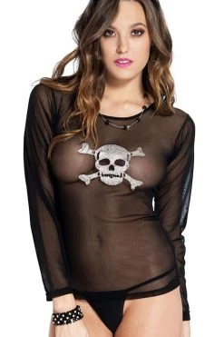 Music Legs Lingerie Long Sleeve Black Blouse With Skull & Crossbones