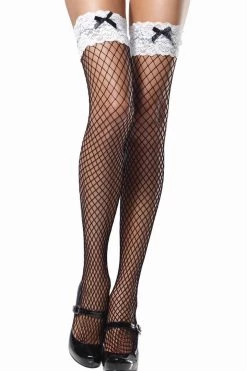 Leg Avenue Black Fishnet Thigh Highs & White Lace Tops