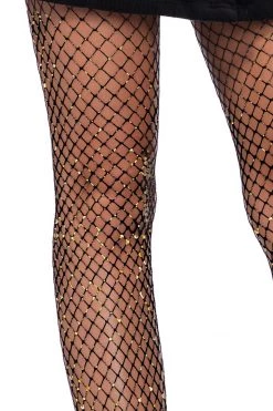 Leg Avenue Gold Glitter Black Fishnet Tights