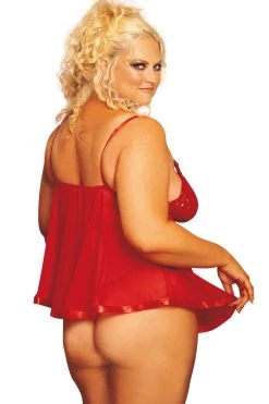 Shirley Of Hollywood Lingerie Red Sequin Embroidered Mesh Babydoll & Panty