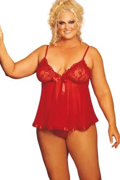 Shirley Of Hollywood Lingerie Red Sequin Embroidered Mesh Babydoll & Panty