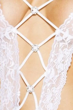 Shirley Of Hollywood White Stretch Lace Rhinestone Teddy